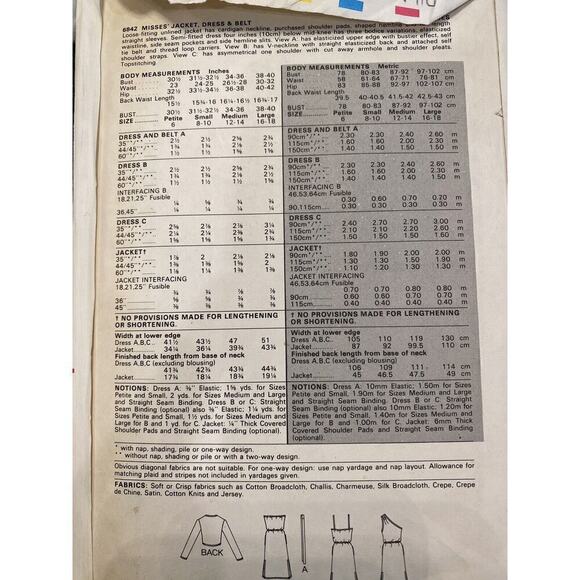 Butterick Vintage Cut Misses Jacket Dress and Belt Size Medium Pattern No 6842 - Picture 5 of 9